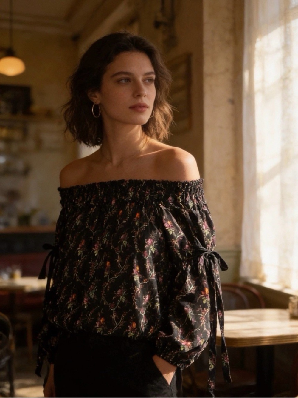 Denim & Supply Ralph Lauren Black Floral Smocked Slip with Multicolor Blooms